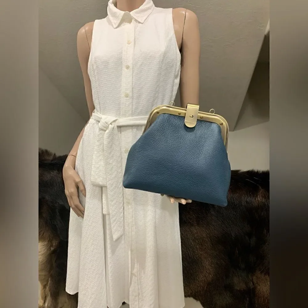 Blue Premium Pebble Leather Handmade Unique Rivet Metal Frame Handbag/Crossbody